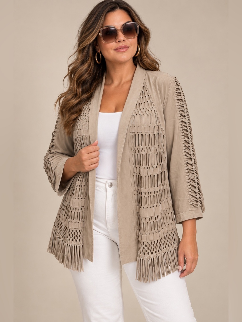 Chicos Faux Suede Fringed Boho Jacket Size 3